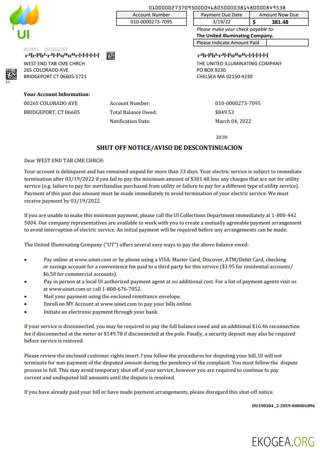 USA Massachusetts Chelsea The United Illuminating Company utility bill shutoff notice, Word and PDF template